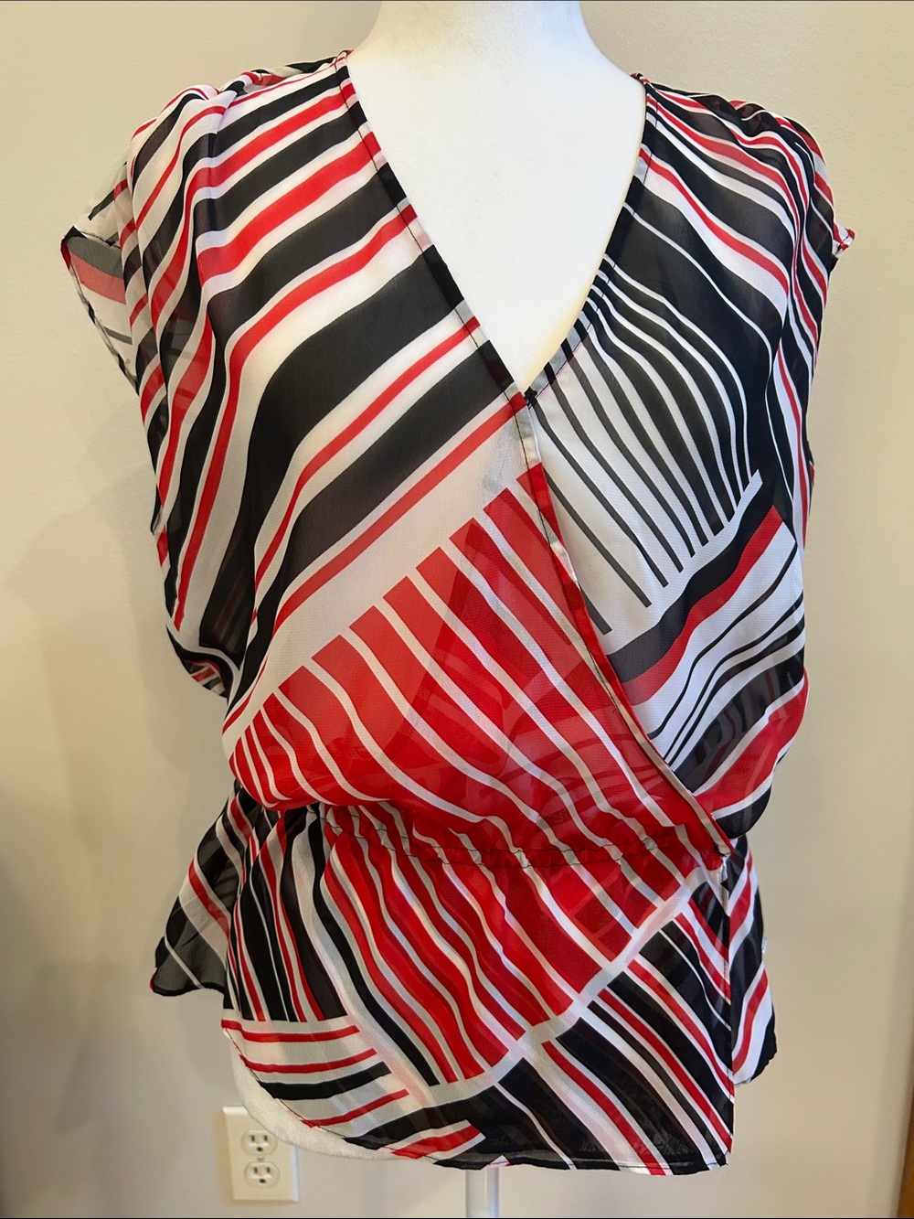 Chaps Red, Black & White Striped Surplice Blouse